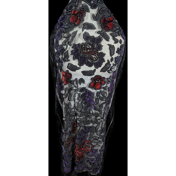 Vintage Gothic Floral Red Purple And Black Velvet Burnout Scarf With Fringe - Picture 2 of 4